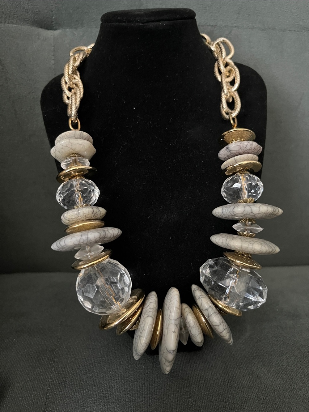 Statement Gold Tone and Ivory Bead Necklace - Women Jewelry